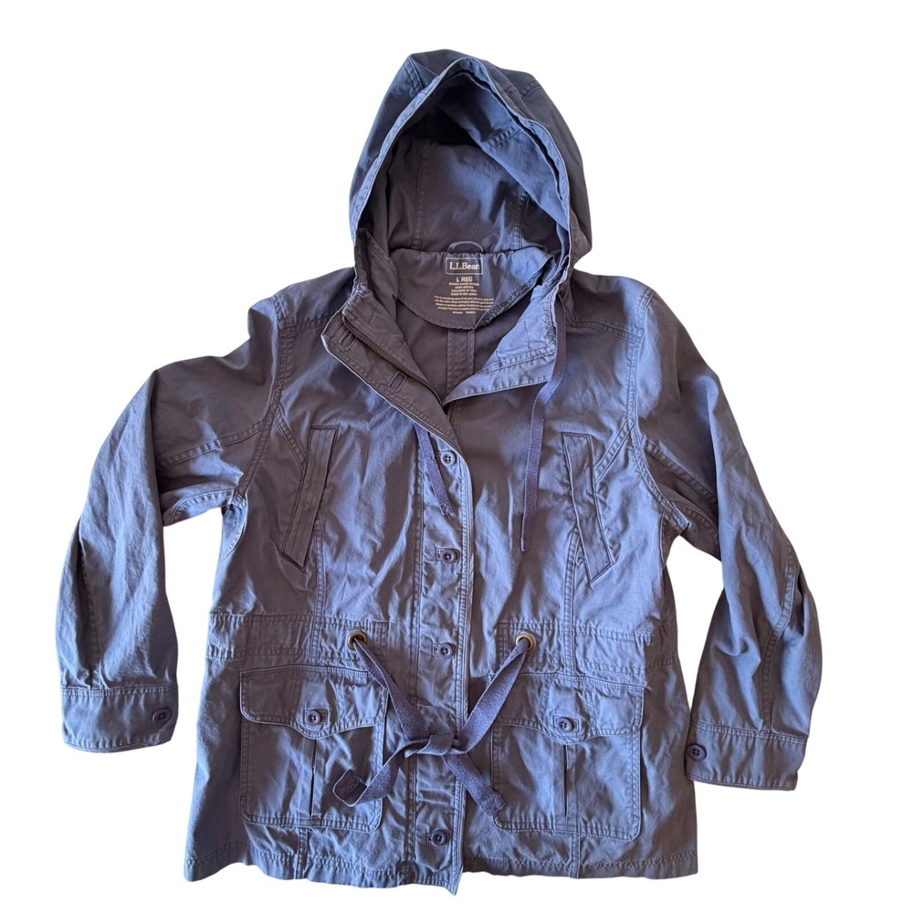 LL Bean Womens Blue Utility Field Jacket Hooded Cotton Canvas Barn Coat Sz Large